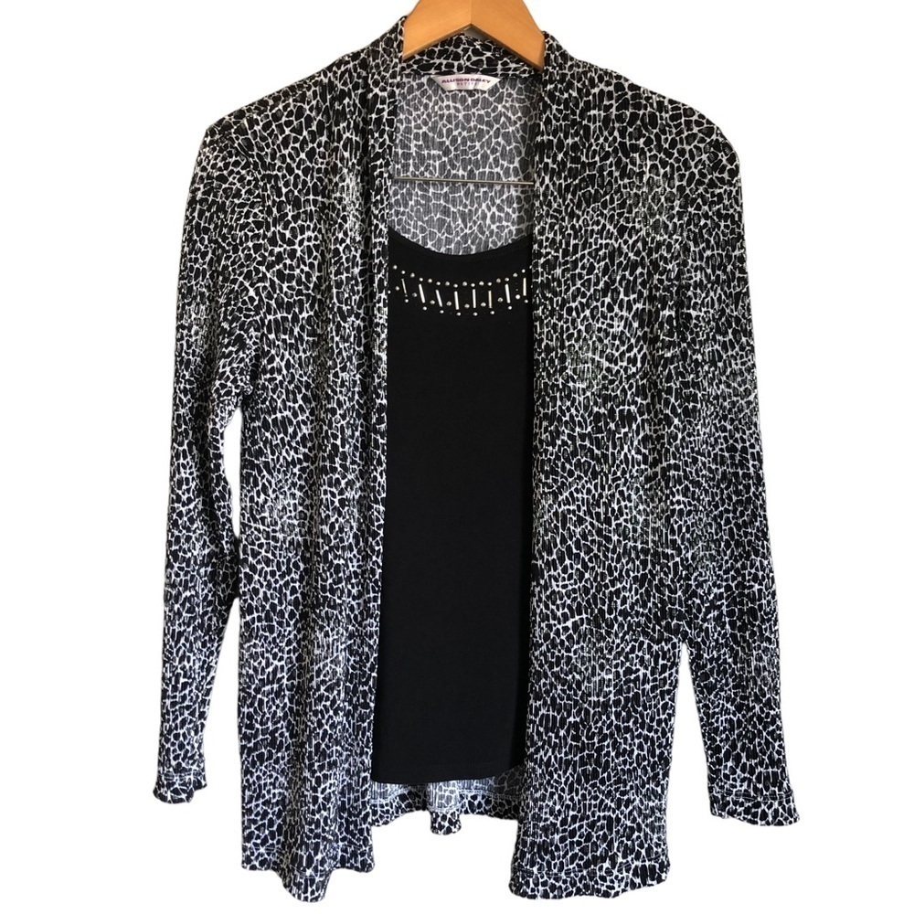 Allison Daley Petites Beaded Open Faux Cardigan Tank Blouse Black Silver Size M